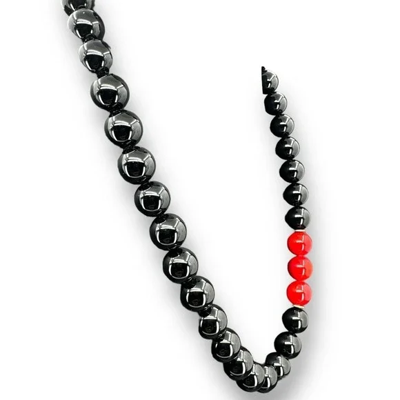 Black and Red Glass Chunky Beads Necklace Holiday Silver Plated Toggle Clasp 21" - Picture 3 of 5